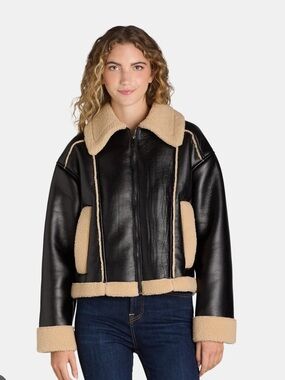 Time and Tru Black Bomber Jacket with Tan Shearling Trim